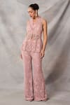 Awigna_Pink Organza, Net Embroidery, Sequins, Beads, Emerald Peplum Top Pant Set _Online_at_Aza_Fashions