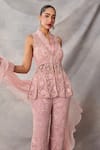 Buy_Awigna_Pink Organza, Net Embroidery, Sequins, Beads, Emerald Peplum Top Pant Set _Online_at_Aza_Fashions