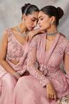 Shop_Awigna_Pink Organza, Net Embroidery, Sequins, Beads, Emerald Peplum Top Pant Set _Online_at_Aza_Fashions