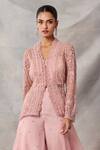 Buy_Awigna_Pink Organza Embroidery, Sequins V-neck Aminah Peplum Top Sharara Set _Online_at_Aza_Fashions