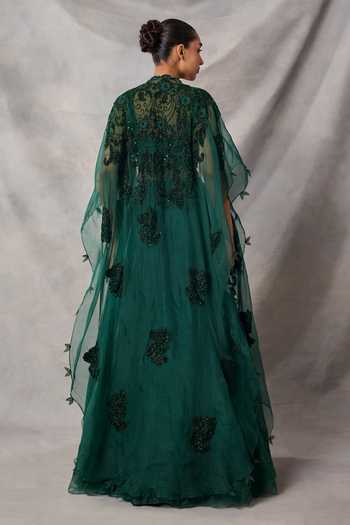 Shop_Awigna_Green Organza, Net Sequins, Beads, Embroidery Narges Floral Cape Lehenga Set _at_Aza_Fashions