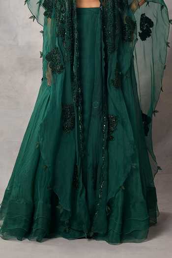 Awigna_Green Organza, Net Sequins, Beads, Embroidery Narges Floral Cape Lehenga Set _Online_at_Aza_Fashions