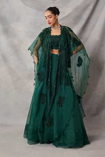 Buy_Awigna_Green Organza, Net Sequins, Beads, Embroidery Narges Floral Cape Lehenga Set _at_Aza_Fashions