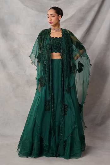 Buy_Awigna_Green Organza, Net Sequins, Beads, Embroidery Narges Floral Cape Lehenga Set _Online_at_Aza_Fashions