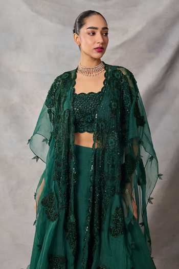 Shop_Awigna_Green Organza, Net Sequins, Beads, Embroidery Narges Floral Cape Lehenga Set _Online_at_Aza_Fashions