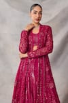 Awigna_Red Organza, Net Sequins, Embroidery Open Neck, Rhodonite Jacket Skirt Set _Online_at_Aza_Fashions