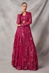 Buy_Awigna_Red Organza, Net Sequins, Embroidery Open Neck, Rhodonite Jacket Skirt Set _at_Aza_Fashions