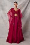 Buy_Awigna_Red Organza, Net Embroidery, Sequins Open Gypsum Floral Jacket Lehenga Set _at_Aza_Fashions