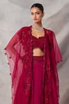 Buy_Awigna_Red Organza, Net Embroidery, Sequins Open Gypsum Floral Jacket Lehenga Set _Online_at_Aza_Fashions