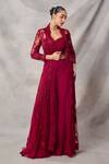 Buy_Awigna_Red Organza, Net Embroidery, Sequins Open Neck, Celestite Jacket Sharara Set _Online_at_Aza_Fashions