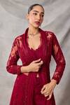 Shop_Awigna_Red Organza, Net Embroidery, Sequins Open Neck, Celestite Jacket Sharara Set _Online_at_Aza_Fashions
