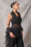 Awigna_Black Organza, Net Sequins, Beads, Embroidery Emerald Peplum Top Pant Set _Online_at_Aza_Fashions
