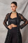 Shop_Awigna_Black Organza, Net Embroidery, Sequins Open Neck, Celestite Jacket Sharara Set _Online_at_Aza_Fashions