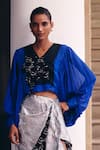 Studio Radical_Blue Organza, Georgette, Cotton Color Block Cape Shirt And Draped Skirt Set _Online_at_Aza_Fashions