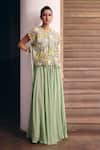 Buy_Studio Radical_Green Georgette Embroidery Round Neck Foliage Tie-up Cape And Skirt Set _at_Aza_Fashions