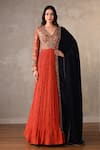 Buy_Onaya_Orange Organza, Tissue Applique, Sequins, Beads, Crushed Anarkali And Dupatta Set _at_Aza_Fashions