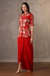 Onaya_Red Silk, Crepe Embroidery, Pearls, Floral Thread Peplum Top And Skirt Set _Online_at_Aza_Fashions