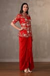 Buy_Onaya_Red Silk, Crepe Embroidery, Pearls, Floral Thread Peplum Top And Skirt Set _Online_at_Aza_Fashions