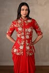 Shop_Onaya_Red Silk, Crepe Embroidery, Pearls, Floral Thread Peplum Top And Skirt Set _Online_at_Aza_Fashions