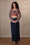 Buy_Onaya_Blue Silk Mirrors, Embroidery, Tassels V-neck, Open Jacket And Draped Skirt Set _at_Aza_Fashions