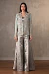 Buy_Onaya_Blue Brocade Embroidery Sweetheart Neck, Zardosi Jacket Pant Set _at_Aza_Fashions