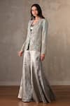 Onaya_Blue Brocade Embroidery Sweetheart Neck, Zardosi Jacket Pant Set _Online_at_Aza_Fashions