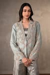 Buy_Onaya_Blue Brocade Embroidery Sweetheart Neck, Zardosi Jacket Pant Set _Online_at_Aza_Fashions