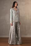 Shop_Onaya_Blue Brocade Embroidery Sweetheart Neck, Zardosi Jacket Pant Set _Online_at_Aza_Fashions