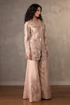 Onaya_Peach Tissue Mirrors, Sequins, Embroidery Floral Vine Jacket And Sharara Set _Online_at_Aza_Fashions
