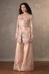 Buy_Onaya_Peach Tissue Mirrors, Sequins, Embroidery Floral Vine Jacket And Sharara Set _Online_at_Aza_Fashions