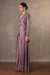 Onaya_Mauve Satin Sequins, Stones V-neck Embroidered Jacket And Sharara Pant Set _Online_at_Aza_Fashions