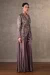 Buy_Onaya_Mauve Satin Sequins, Stones V-neck Embroidered Jacket And Sharara Pant Set _Online_at_Aza_Fashions