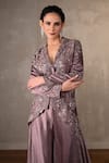 Shop_Onaya_Mauve Satin Sequins, Stones V-neck Embroidered Jacket And Sharara Pant Set _Online_at_Aza_Fashions