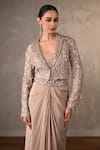 Shop_Onaya_Beige Crepe Mirrors, Sequins Sweetheart Neck, Work Jacket Skirt Set _Online_at_Aza_Fashions