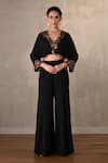 Buy_Onaya_Black Georgette Embroidery, Mirrors, Thread Embellished Crop Top And Trouser Set _at_Aza_Fashions