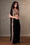 Buy_Onaya_Black Georgette Embroidery V-neck Cape And Pleated Pant Set _Online_at_Aza_Fashions