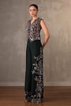 Onaya_Black Silk Sequins, Beads, Pearls V-neck Printed Waistcoat And Wide Leg Pant Set _Online_at_Aza_Fashions