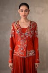 Buy_Onaya_Red Silk Sequins, Beads Sweetheart Neck, Embroidered Jacket Pant Set _Online_at_Aza_Fashions