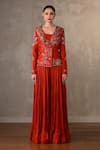 Buy_Onaya_Red Silk Sequins, Beads Sweetheart Neck, Embroidered Jacket Pant Set _at_Aza_Fashions
