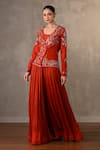 Shop_Onaya_Red Silk Sequins, Beads Sweetheart Neck, Embroidered Jacket Pant Set _Online_at_Aza_Fashions
