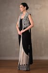 Onaya_Black Georgette Sequins, Beads, Stones V-neck, Work Pre-draped Saree Jacket Set _Online_at_Aza_Fashions