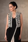 Buy_Onaya_Black Georgette Sequins, Beads, Stones V-neck, Work Pre-draped Saree Jacket Set _Online_at_Aza_Fashions