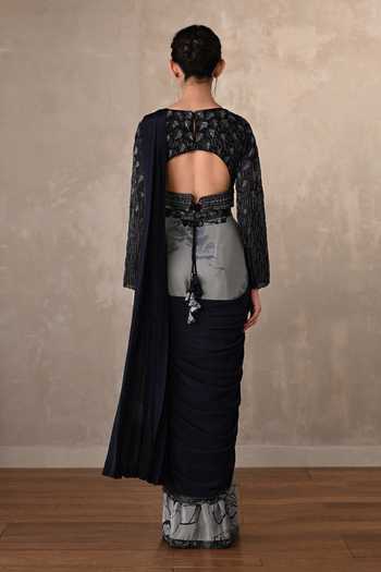 Shop_Onaya_Navy Crepe Sequins, Beads, Cut Work V-neck Two Tone Pre-draped Saree Set _at_Aza_Fashions