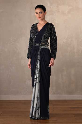 Onaya_Navy Crepe Sequins, Beads, Cut Work V-neck Two Tone Pre-draped Saree Set _Online_at_Aza_Fashions