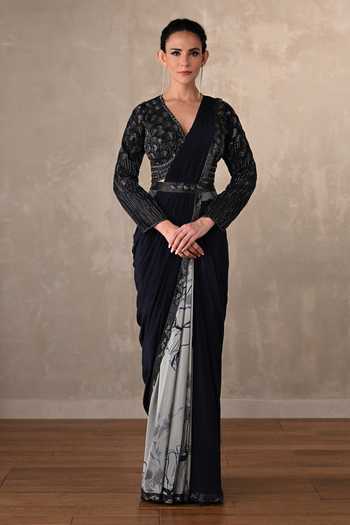 Buy_Onaya_Navy Crepe Sequins, Beads, Cut Work V-neck Two Tone Pre-draped Saree Set _at_Aza_Fashions