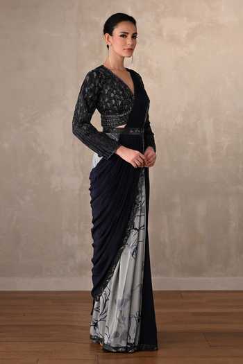 Buy_Onaya_Navy Crepe Sequins, Beads, Cut Work V-neck Two Tone Pre-draped Saree Set _Online_at_Aza_Fashions