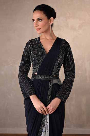Shop_Onaya_Navy Crepe Sequins, Beads, Cut Work V-neck Two Tone Pre-draped Saree Set _Online_at_Aza_Fashions