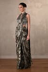 Onaya_Olive Green Foil Printing, Sequins, Beads Abstract Pattern Pre-draped Saree Set _Online_at_Aza_Fashions