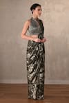 Buy_Onaya_Olive Green Foil Printing, Sequins, Beads Abstract Pattern Pre-draped Saree Set _Online_at_Aza_Fashions