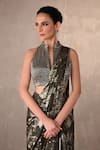Shop_Onaya_Olive Green Foil Printing, Sequins, Beads Abstract Pattern Pre-draped Saree Set _Online_at_Aza_Fashions